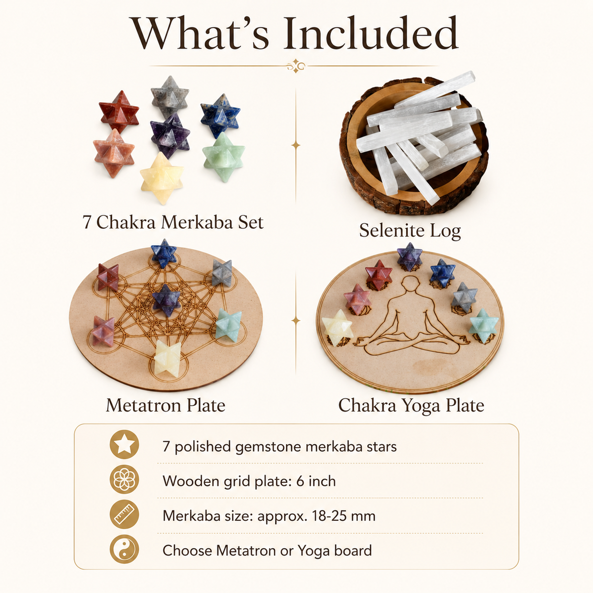 7 Chakra Merkaba Set,  Chakra Crystals Set with Wooden Grid Plate, Selenite Log