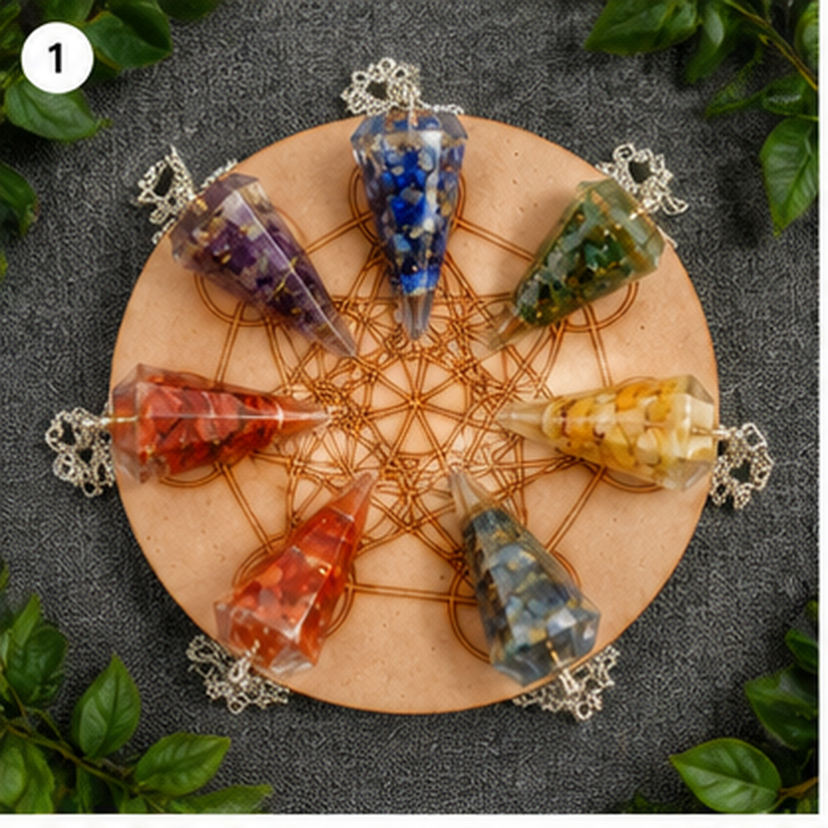 Chakra Crystals Orgone Pendulums Set, with Wooden Grid Plate, Selenite Log