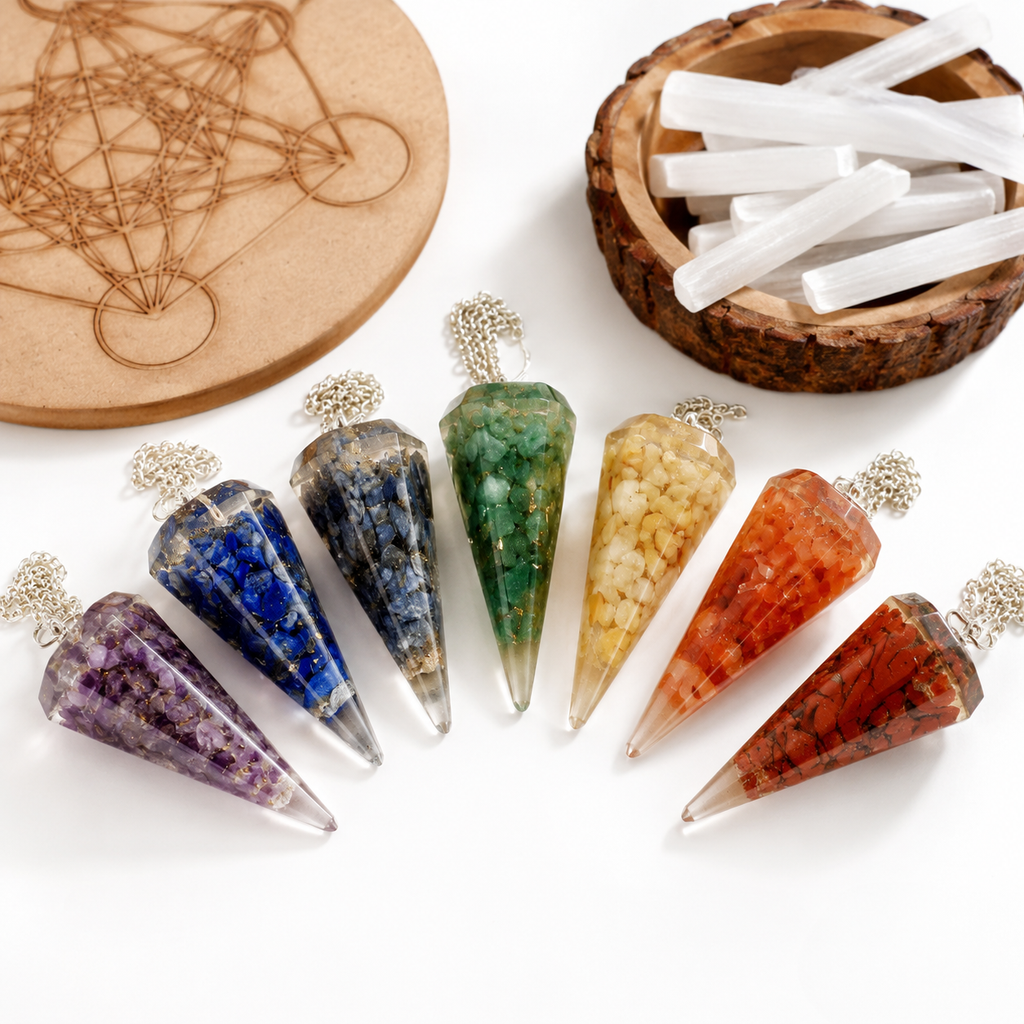 Chakra Crystals Orgone Pendulums Set, with Wooden Grid Plate, Selenite Log
