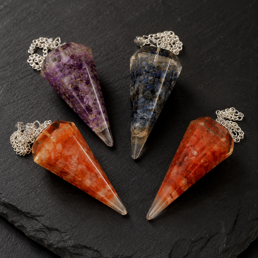 Chakra Crystals Orgone Pendulums Set, with Wooden Grid Plate, Selenite Log