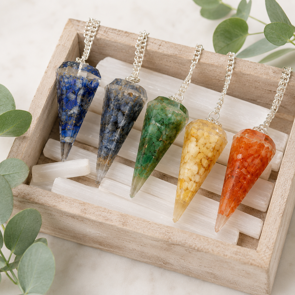 Chakra Crystals Orgone Pendulums Set, with Wooden Grid Plate, Selenite Log