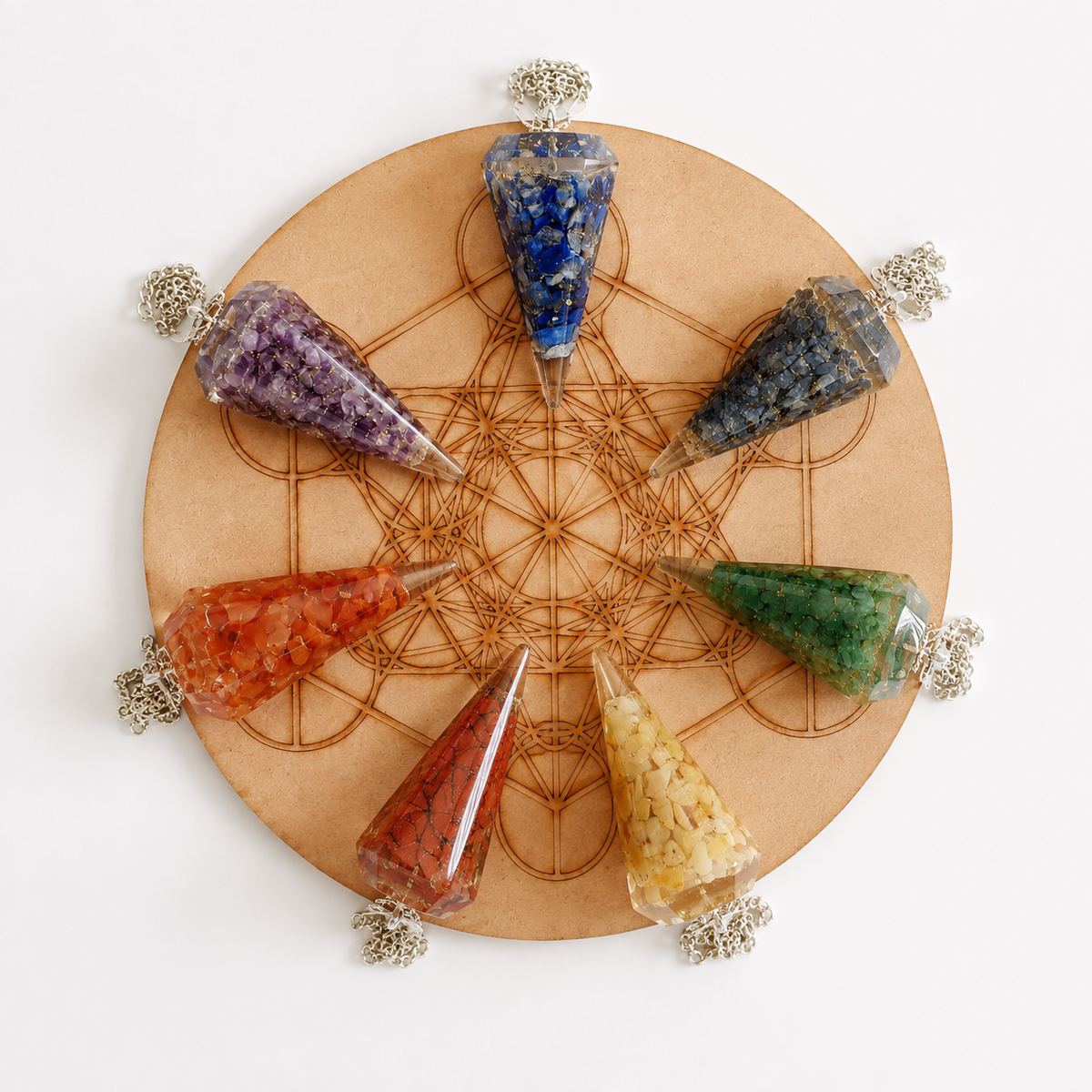 Chakra Crystals Orgone Pendulums Set, with Wooden Grid Plate, Selenite Log