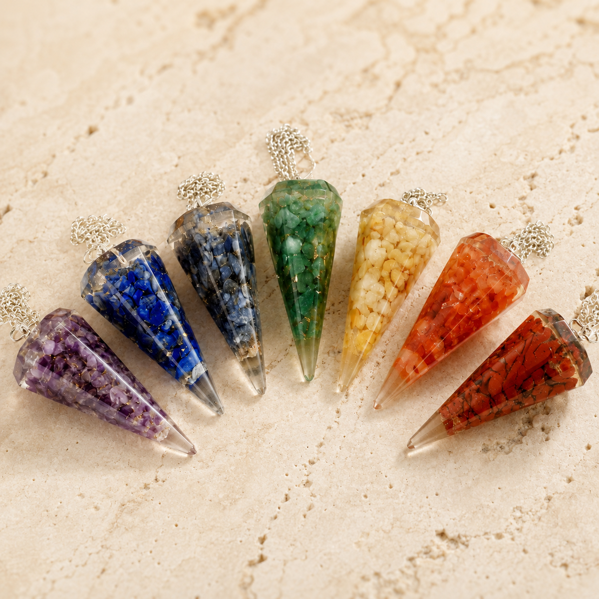 Chakra Crystals Orgone Pendulums Set, with Wooden Grid Plate, Selenite Log