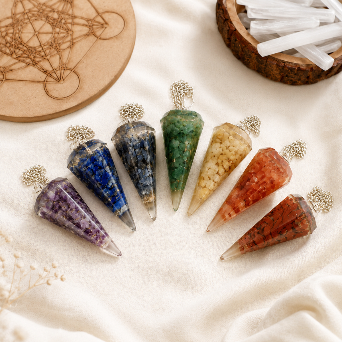 Chakra Crystals Orgone Pendulums Set, with Wooden Grid Plate, Selenite Log