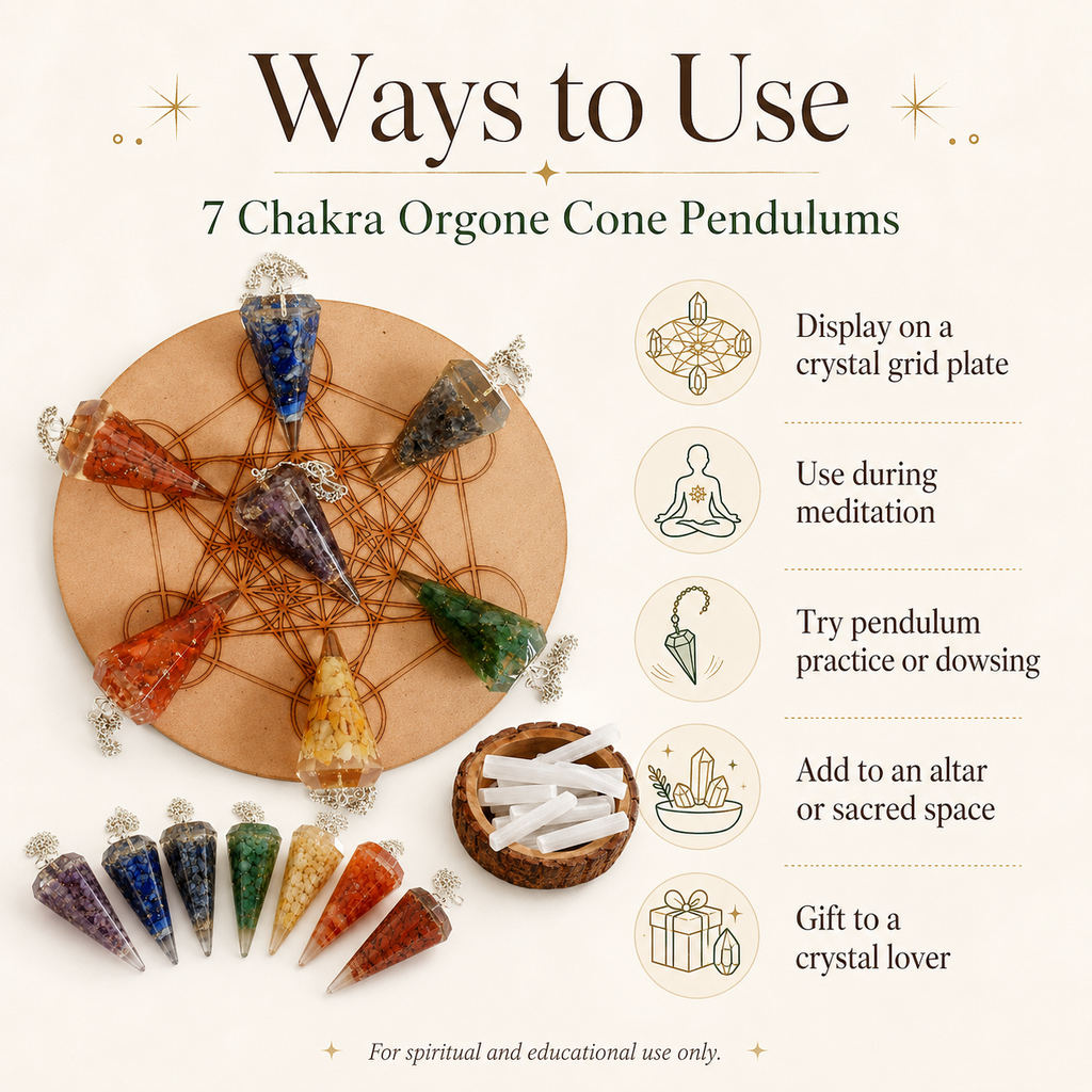 Chakra Crystals Orgone Pendulums Set, with Wooden Grid Plate, Selenite Log