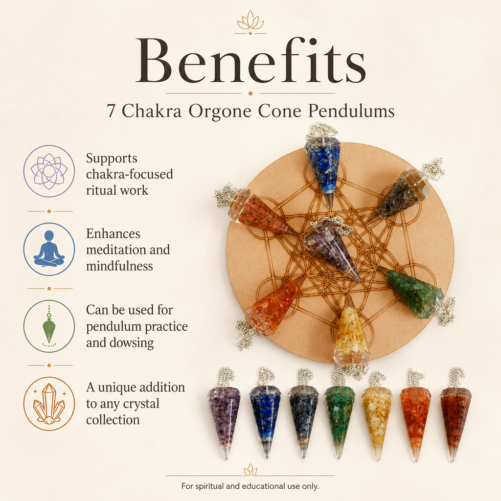 Chakra Crystals Orgone Pendulums Set, with Wooden Grid Plate, Selenite Log
