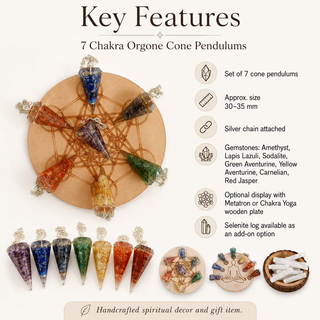Chakra Crystals Orgone Pendulums Set, with Wooden Grid Plate, Selenite Log