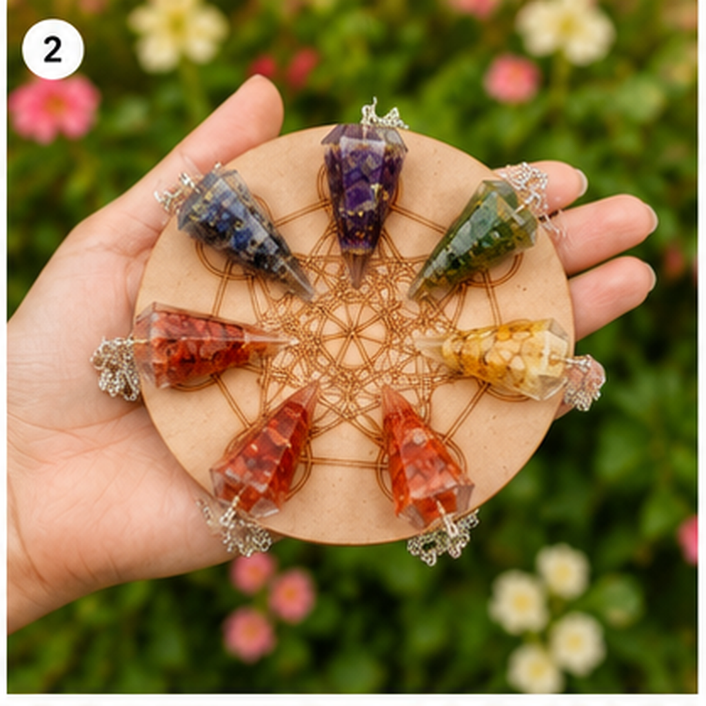 Chakra Crystals Orgone Pendulums Set, with Wooden Grid Plate, Selenite Log