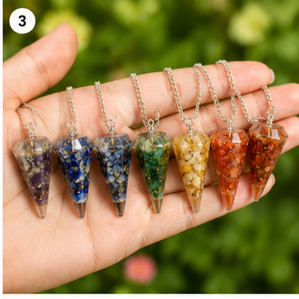 Chakra Crystals Orgone Pendulums Set, with Wooden Grid Plate, Selenite Log