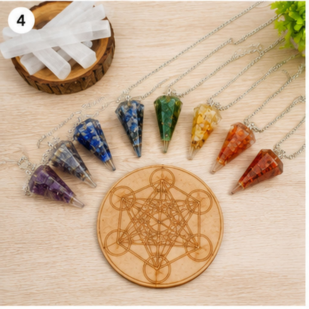 Chakra Crystals Orgone Pendulums Set, with Wooden Grid Plate, Selenite Log
