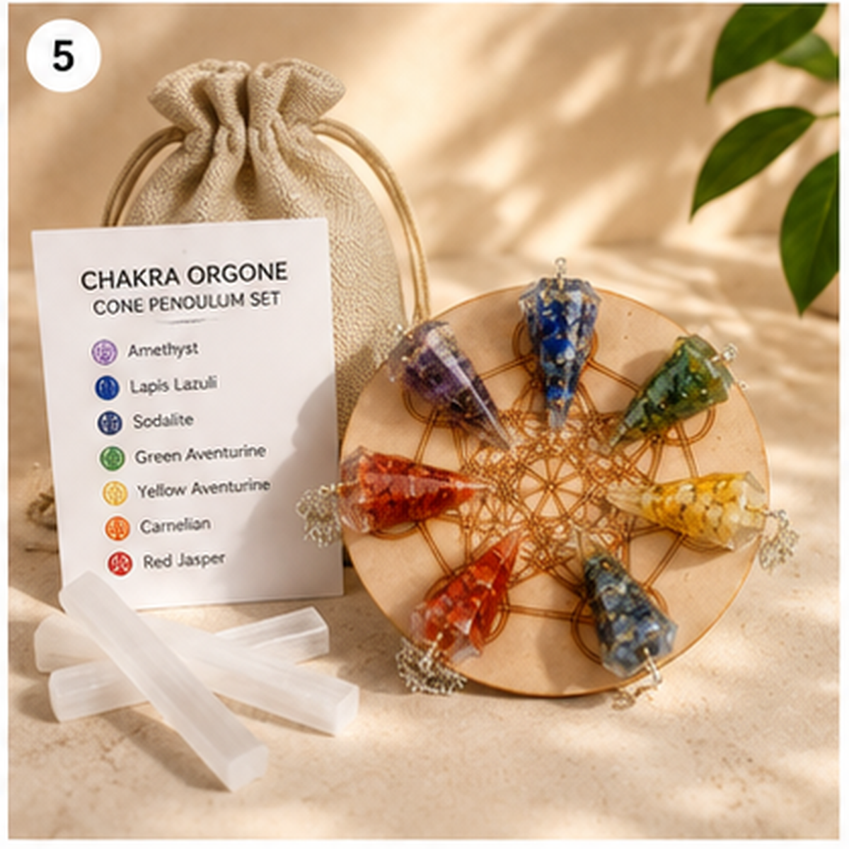 Chakra Crystals Orgone Pendulums Set, with Wooden Grid Plate, Selenite Log