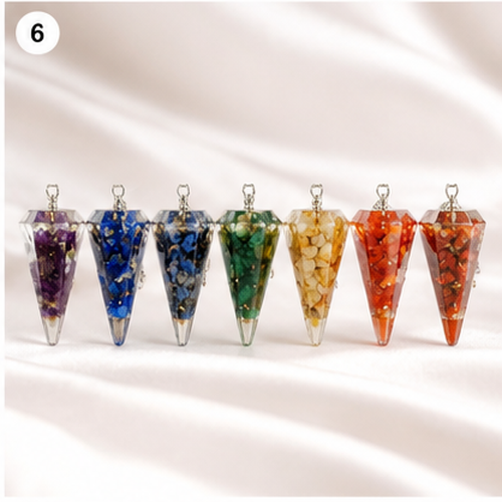 Chakra Crystals Orgone Pendulums Set, with Wooden Grid Plate, Selenite Log