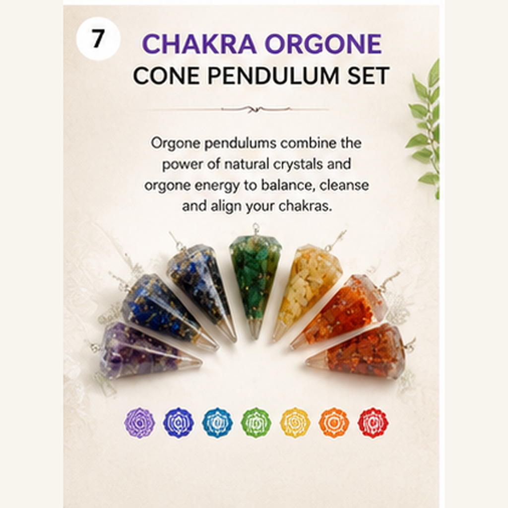 Chakra Crystals Orgone Pendulums Set, with Wooden Grid Plate, Selenite Log