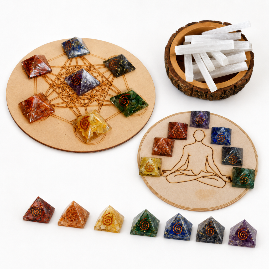 Chakra Crystals Orgone Pyramids Set, Wooden Grid Plate, Selenite Log