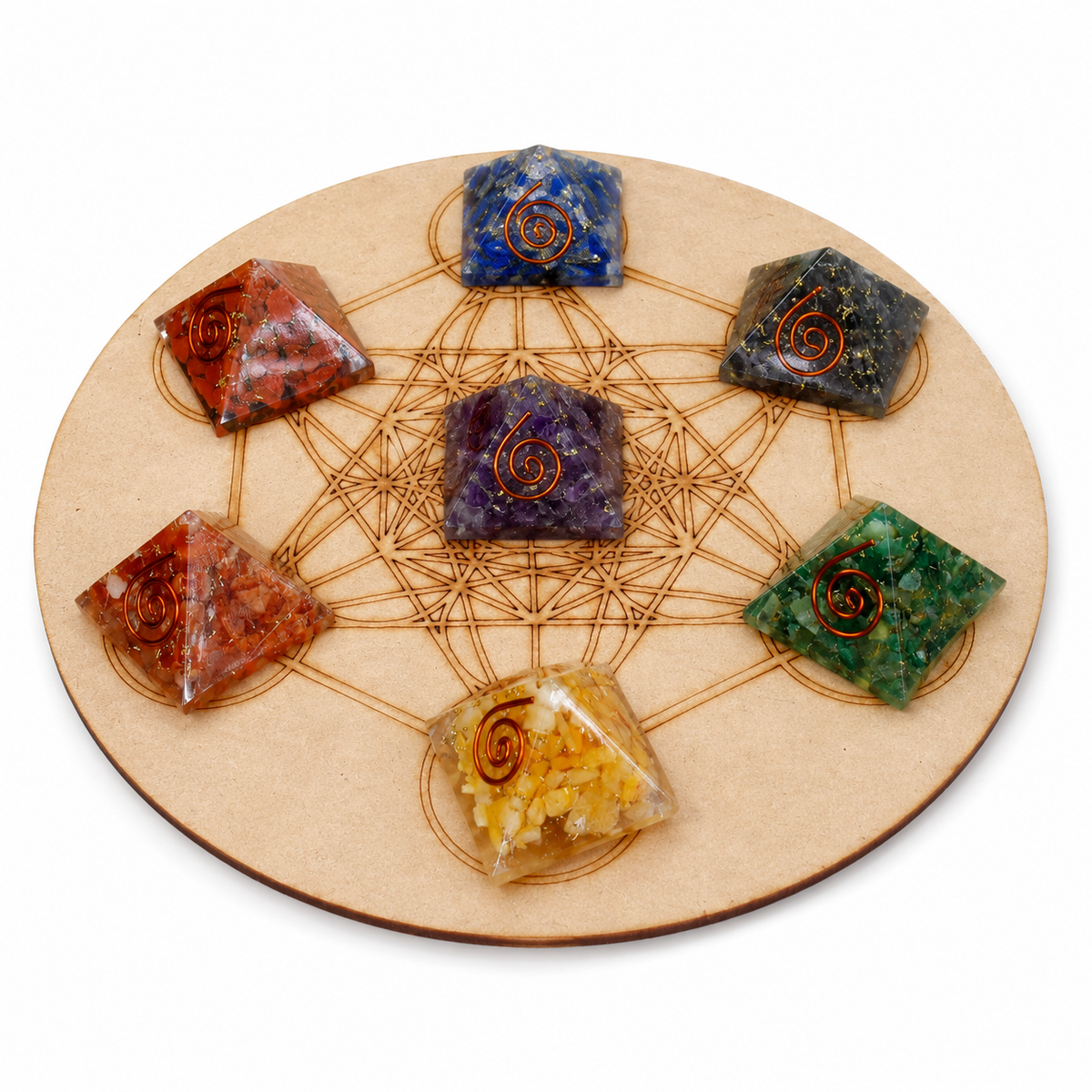 Chakra Crystals Orgone Pyramids Set, Wooden Grid Plate, Selenite Log