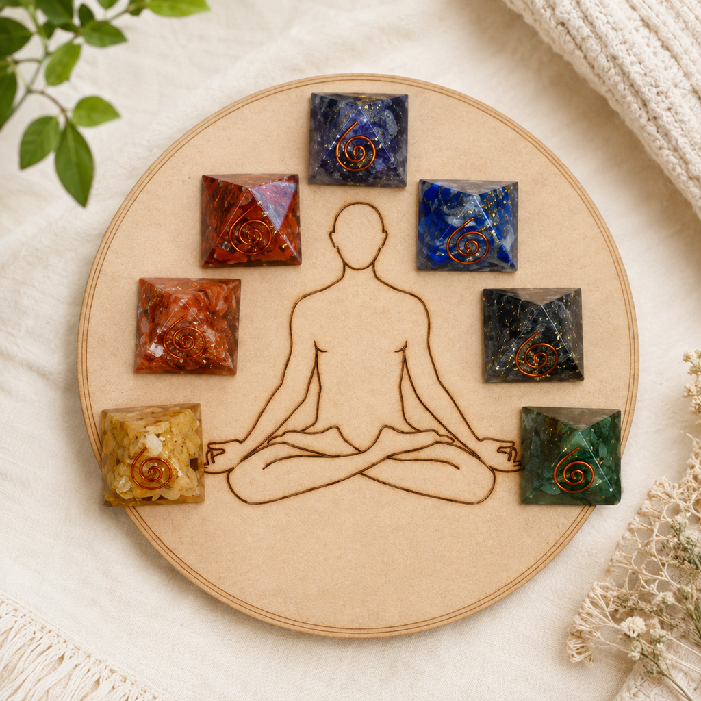 Chakra Crystals Orgone Pyramids Set, Wooden Grid Plate, Selenite Log