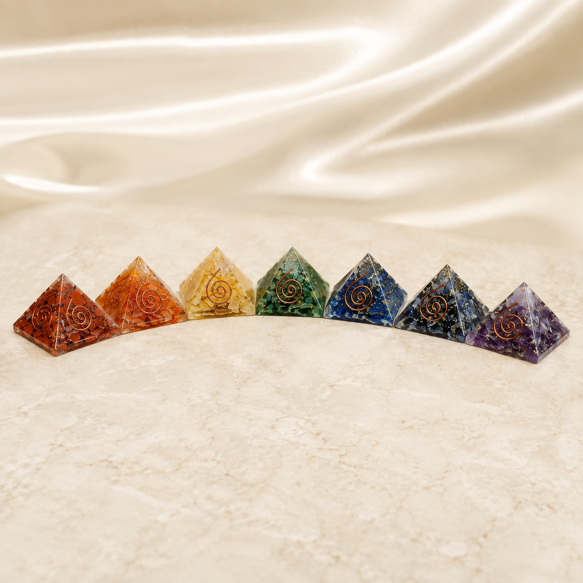 Chakra Crystals Orgone Pyramids Set, Wooden Grid Plate, Selenite Log