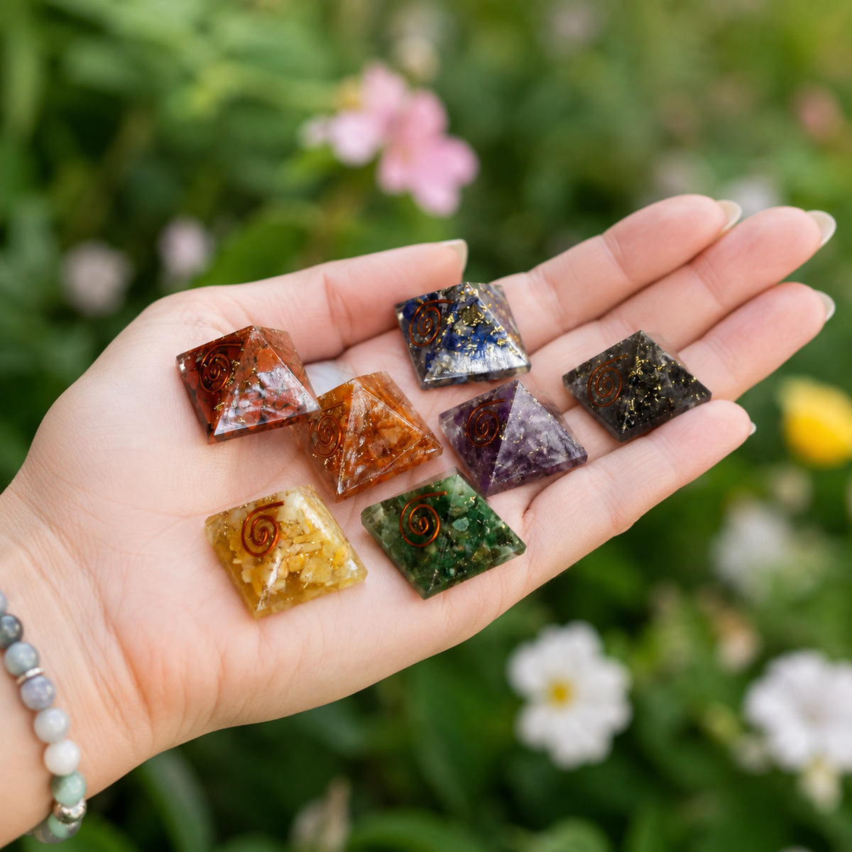 Chakra Crystals Orgone Pyramids Set, Wooden Grid Plate, Selenite Log