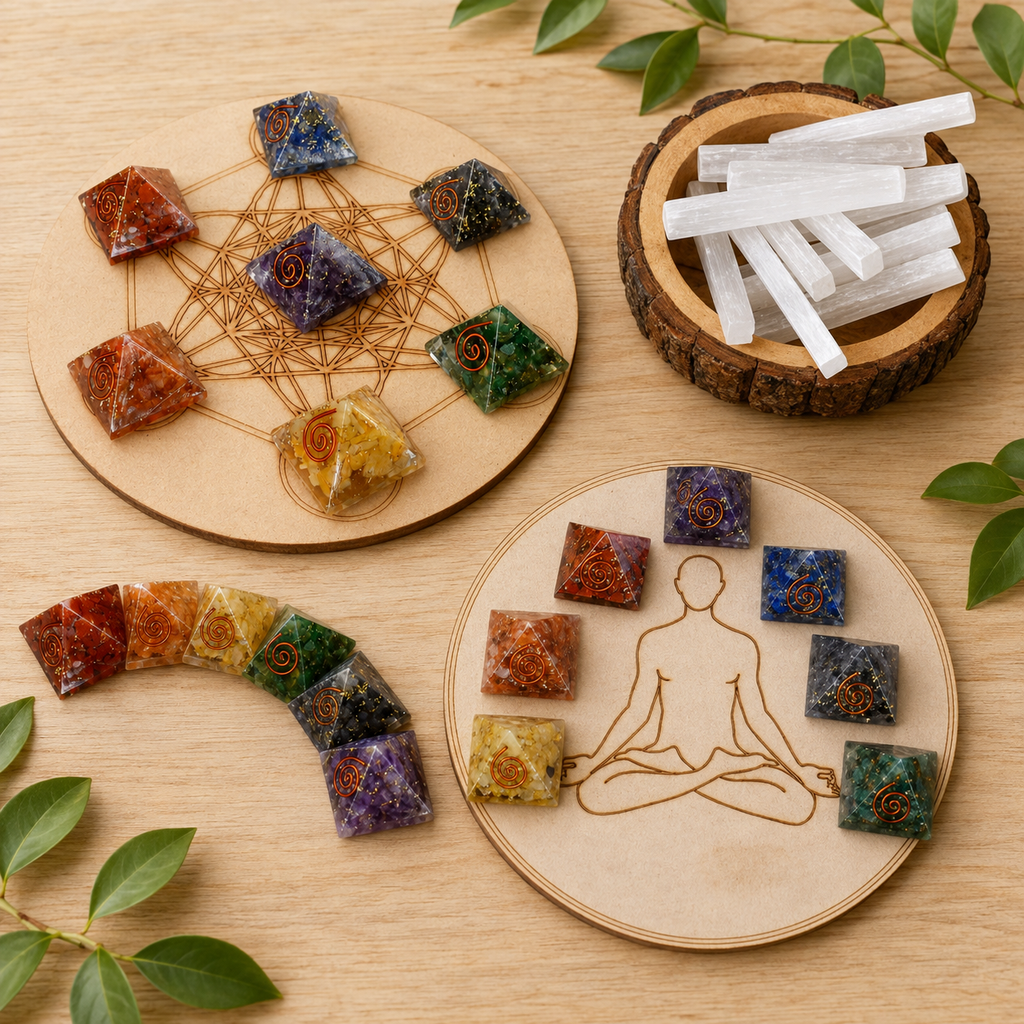 Chakra Crystals Orgone Pyramids Set, Wooden Grid Plate, Selenite Log