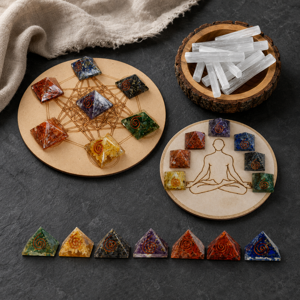 Chakra Crystals Orgone Pyramids Set, Wooden Grid Plate, Selenite Log