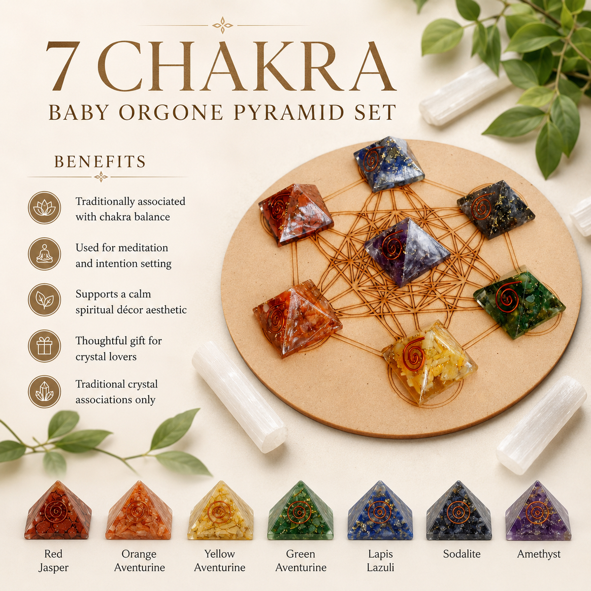 Chakra Crystals Orgone Pyramids Set, Wooden Grid Plate, Selenite Log