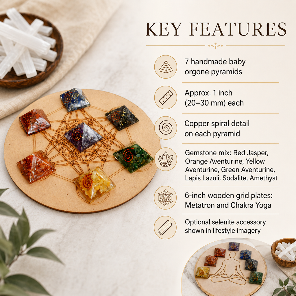 Chakra Crystals Orgone Pyramids Set, Wooden Grid Plate, Selenite Log