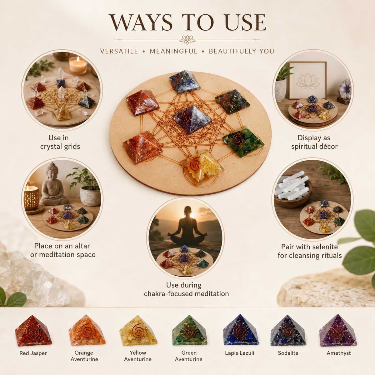 Chakra Crystals Orgone Pyramids Set, Wooden Grid Plate, Selenite Log