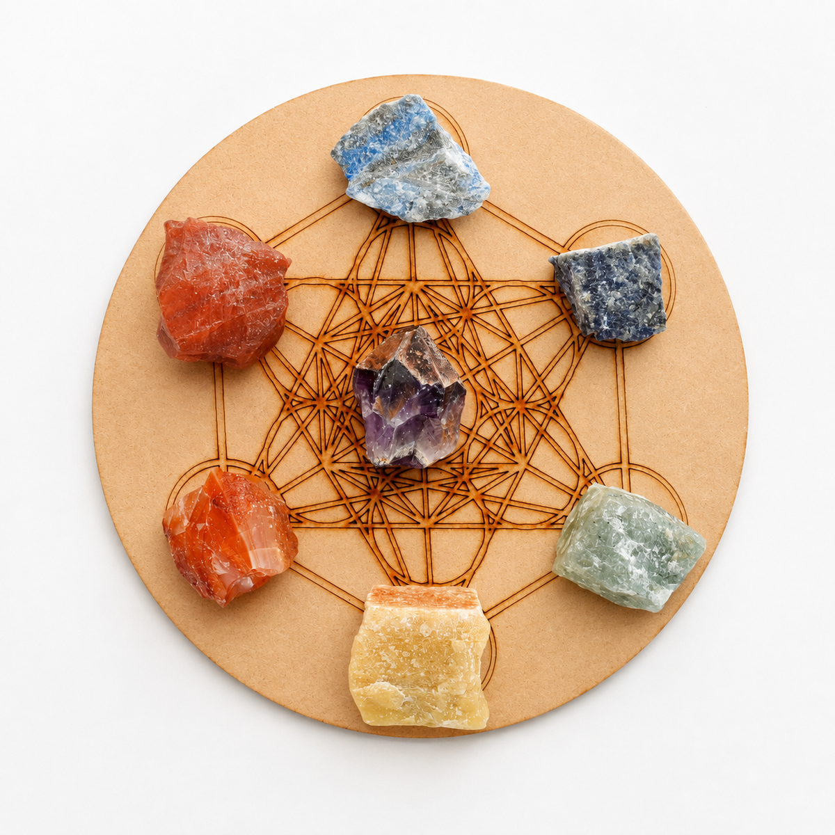 Chakra Crystals Set, 7 Chakra Rough Stones Set, Wooden Grid Plate, Selenite Log