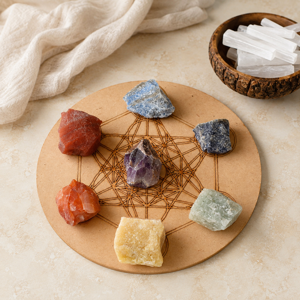 Chakra Crystals Set, 7 Chakra Rough Stones Set, Wooden Grid Plate, Selenite Log