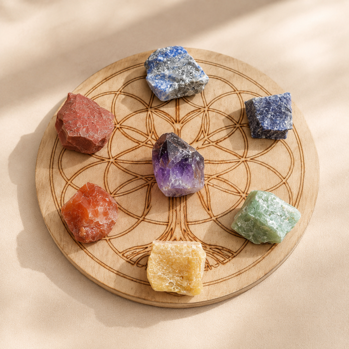 Chakra Crystals Set, 7 Chakra Rough Stones Set, Wooden Grid Plate, Selenite Log