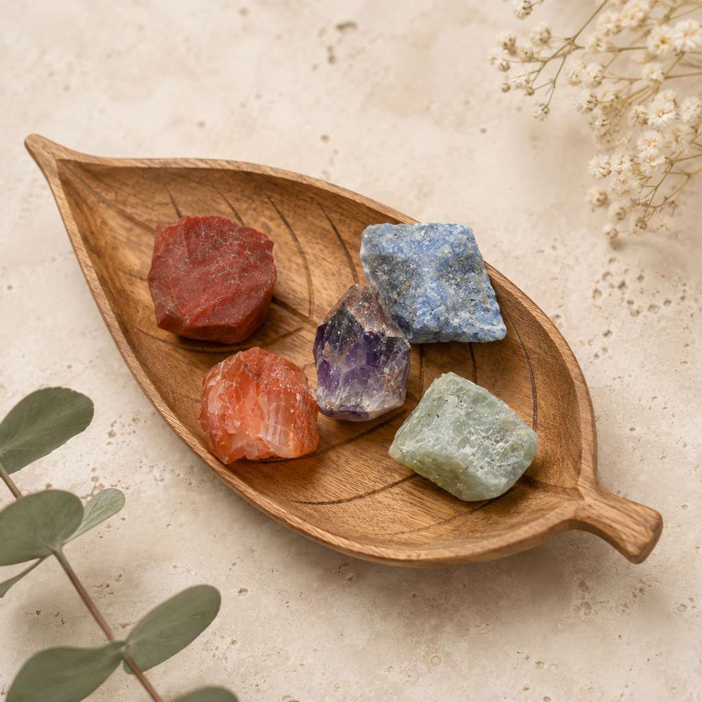 Chakra Crystals Set, 7 Chakra Rough Stones Set, Wooden Grid Plate, Selenite Log