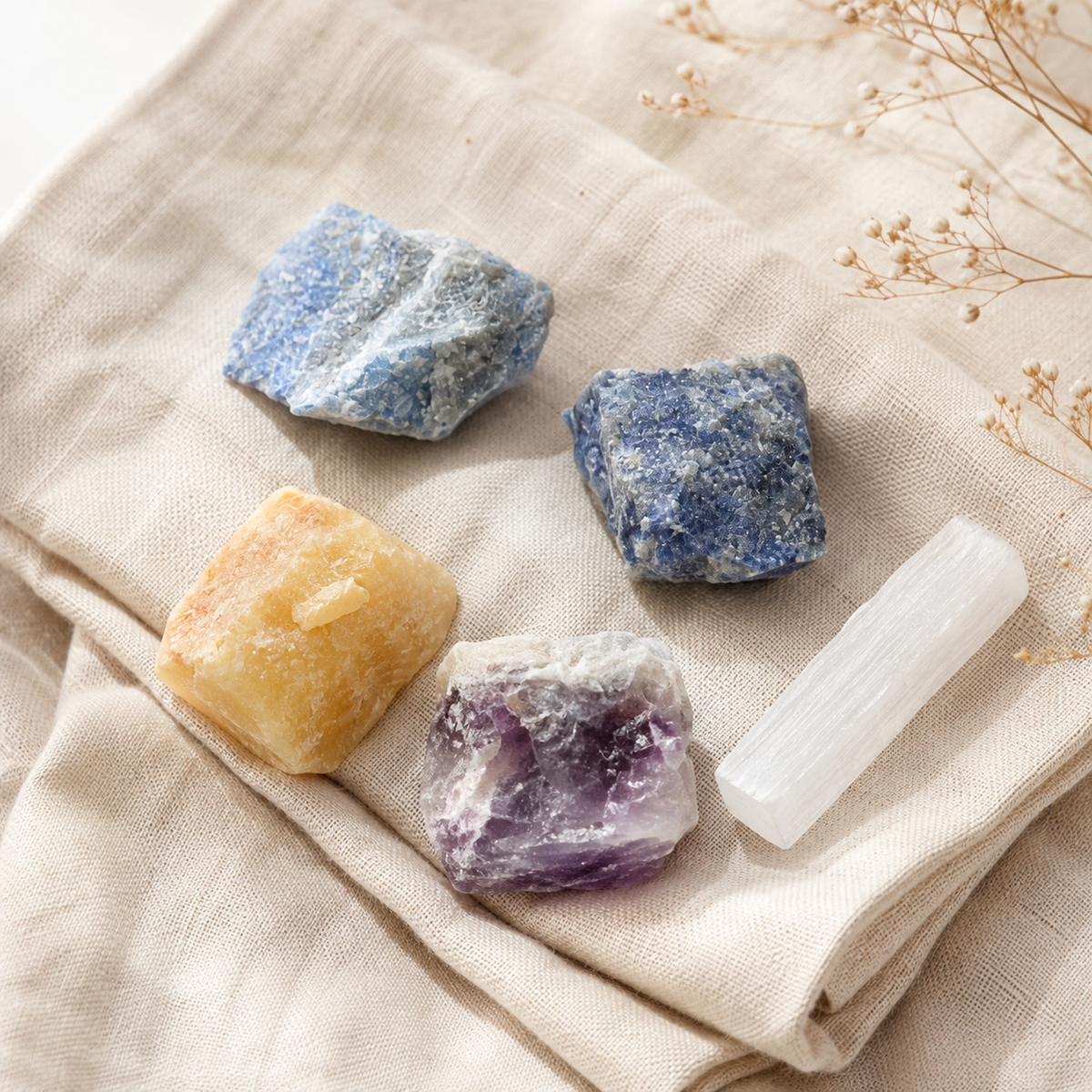 Chakra Crystals Set, 7 Chakra Rough Stones Set, Wooden Grid Plate, Selenite Log