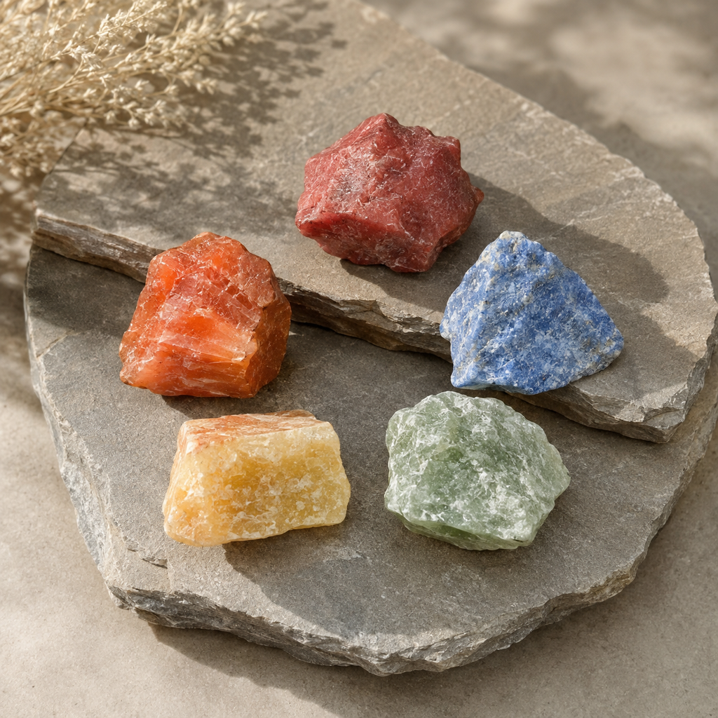 Chakra Crystals Set, 7 Chakra Rough Stones Set, Wooden Grid Plate, Selenite Log