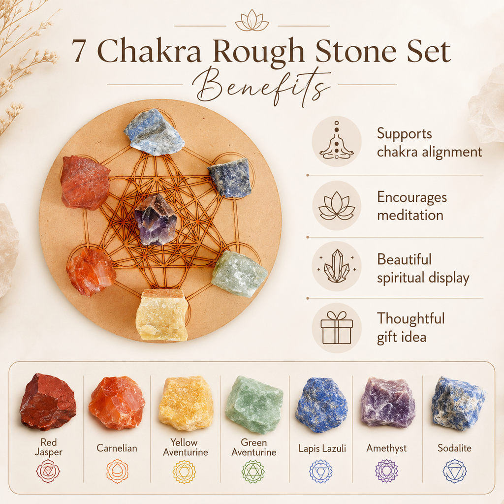 Chakra Crystals Set, 7 Chakra Rough Stones Set, Wooden Grid Plate, Selenite Log