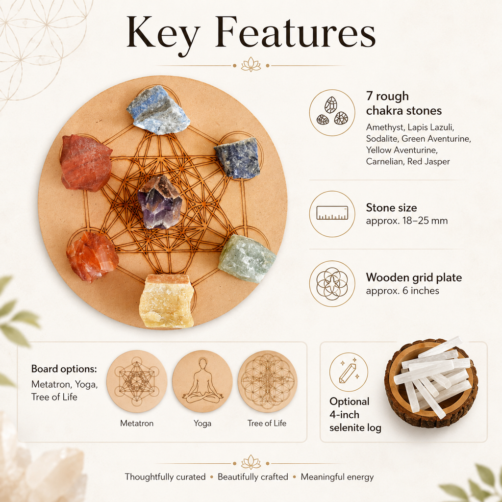 Chakra Crystals Set, 7 Chakra Rough Stones Set, Wooden Grid Plate, Selenite Log