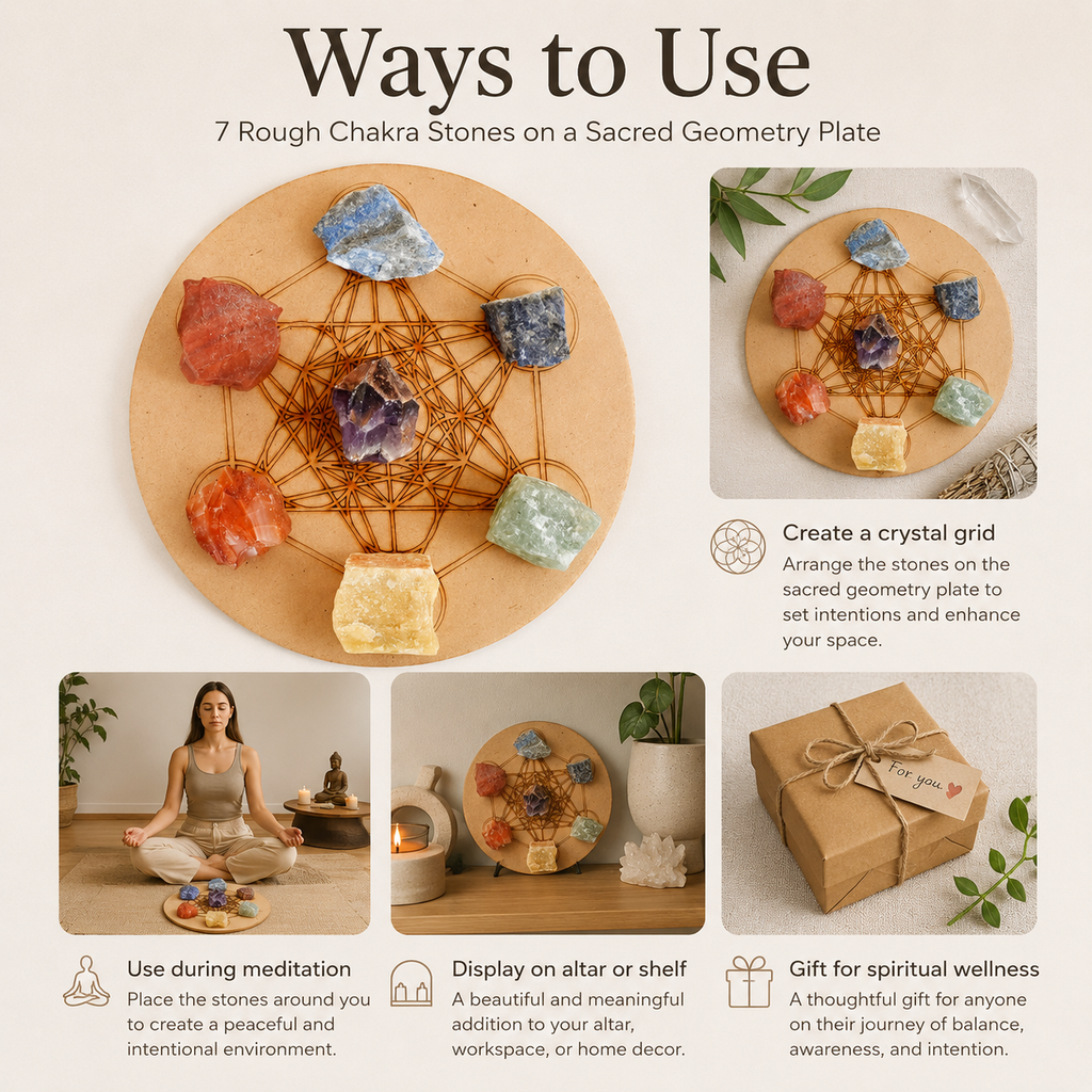 Chakra Crystals Set, 7 Chakra Rough Stones Set, Wooden Grid Plate, Selenite Log