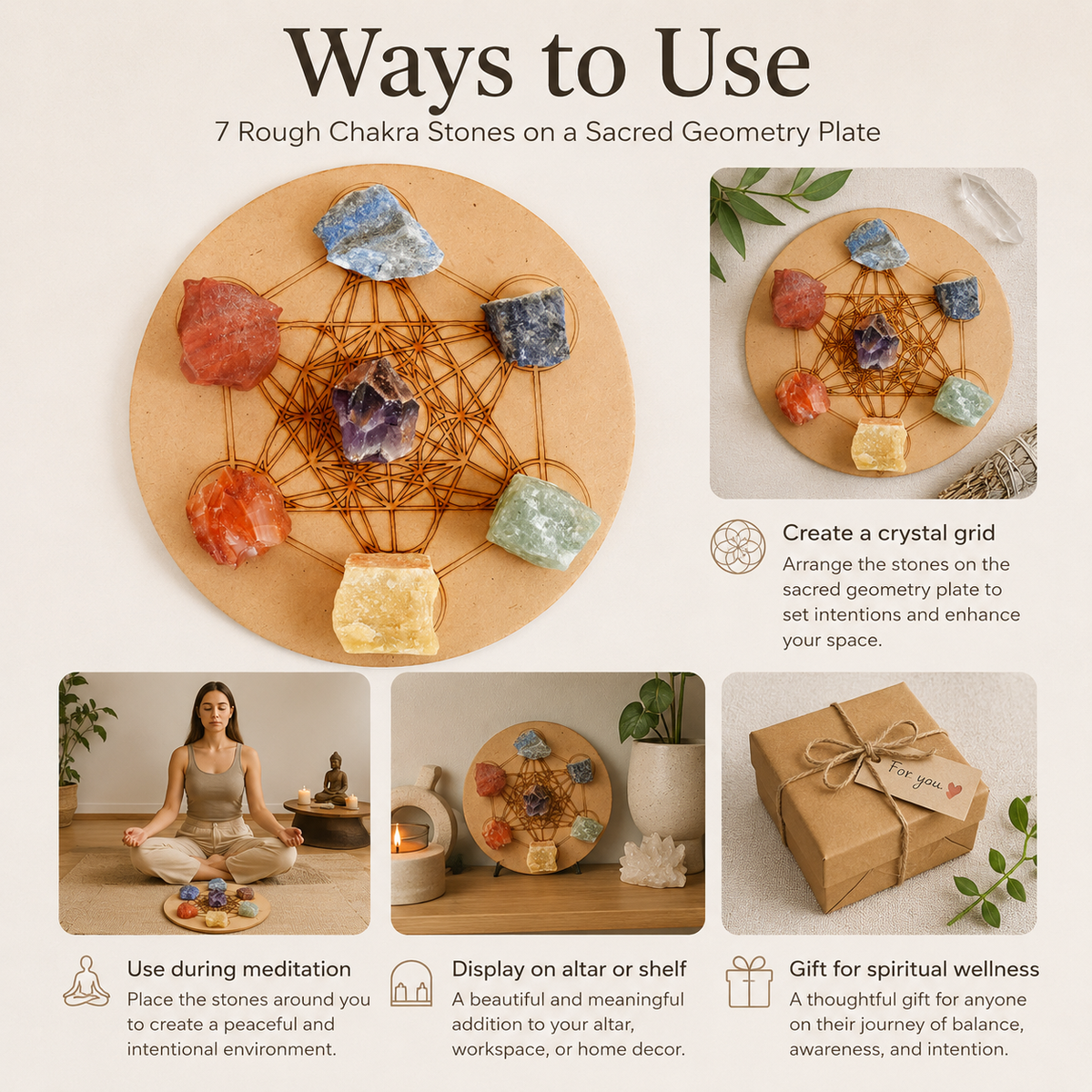 Chakra Crystals Set, 7 Chakra Rough Stones Set, Wooden Grid Plate, Selenite Log
