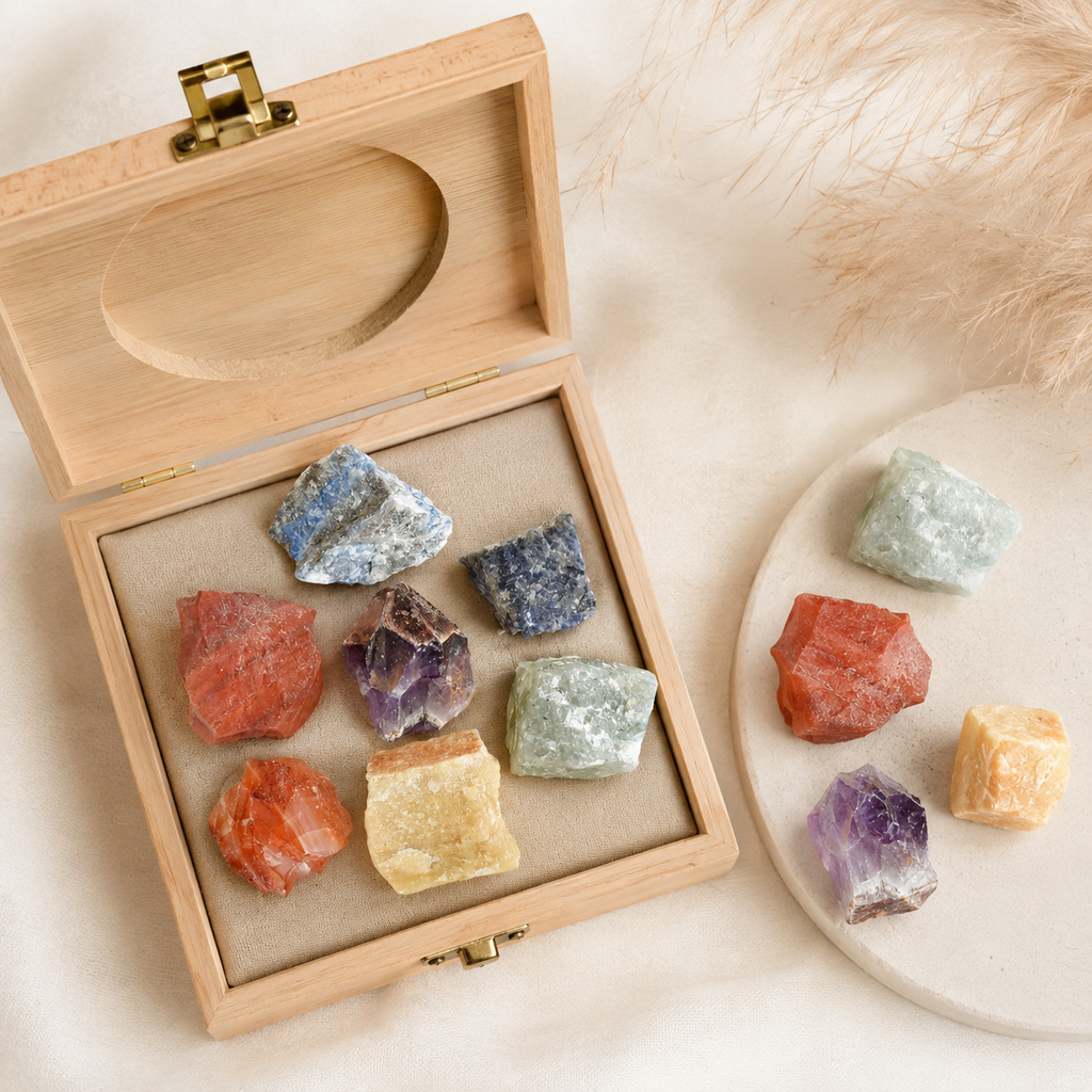 Chakra Crystals Set, 7 Chakra Rough Stones Set, Wooden Grid Plate, Selenite Log