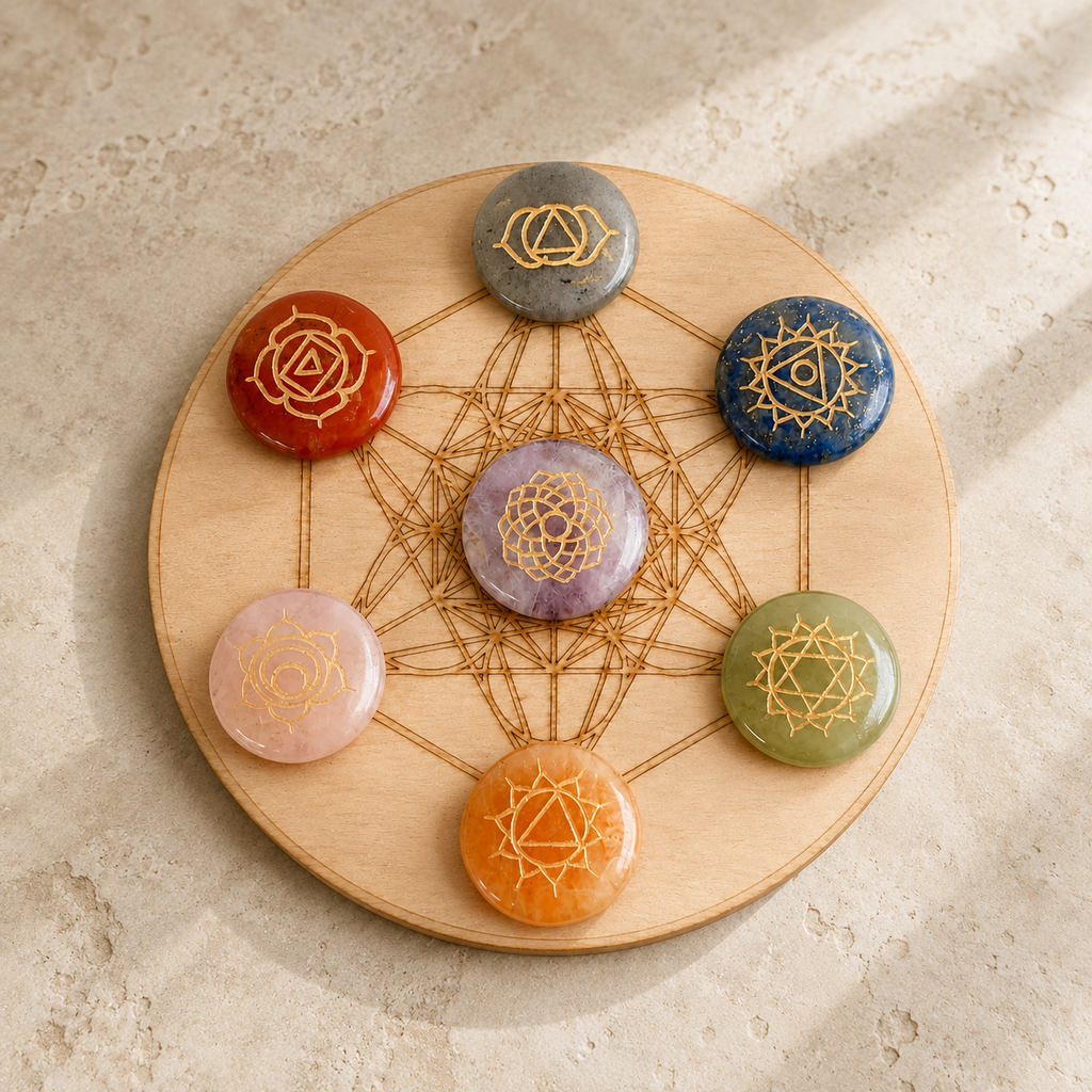Chakra Crystals Set, Round Reiki 7 Chakra Stones Set, Wooden Grid Plate, Selenite Log
