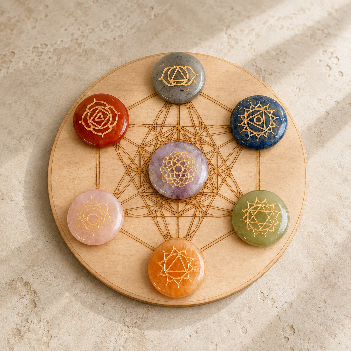 Chakra Crystals Set, Round Reiki 7 Chakra Stones Set, Wooden Grid Plate, Selenite Log