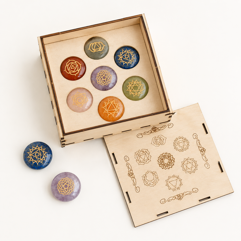 Chakra Crystals Set, Round Reiki 7 Chakra Stones Set, Wooden Grid Plate, Selenite Log