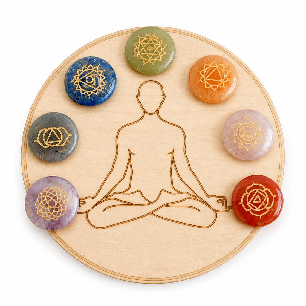 Chakra Crystals Set, Round Reiki 7 Chakra Stones Set, Wooden Grid Plate, Selenite Log