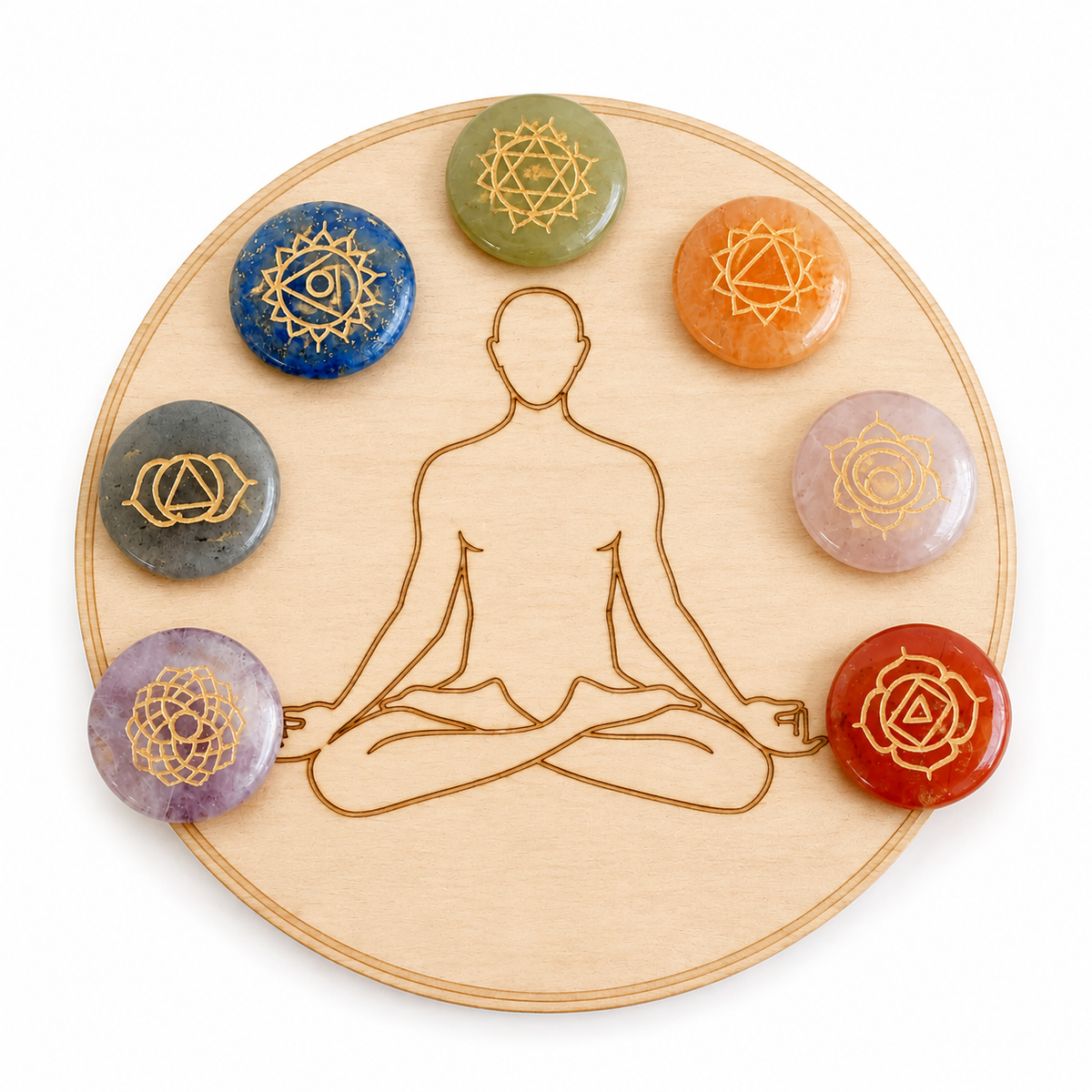 Chakra Crystals Set, Round Reiki 7 Chakra Stones Set, Wooden Grid Plate, Selenite Log