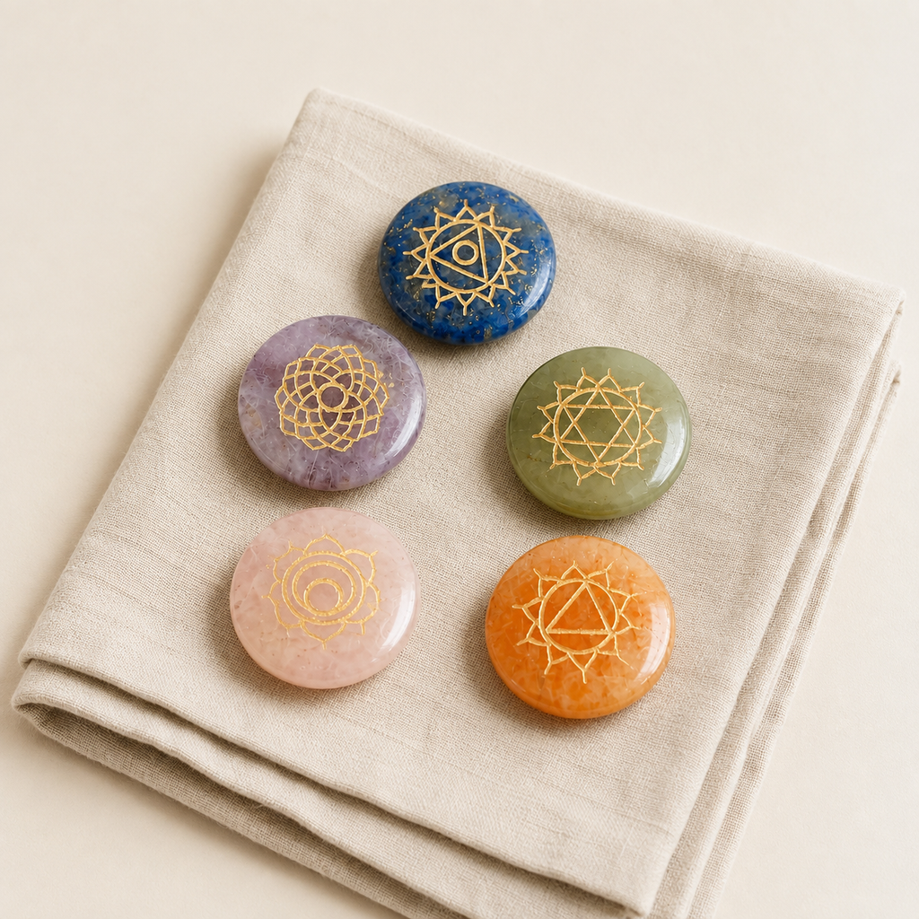 Chakra Crystals Set, Round Reiki 7 Chakra Stones Set, Wooden Grid Plate, Selenite Log