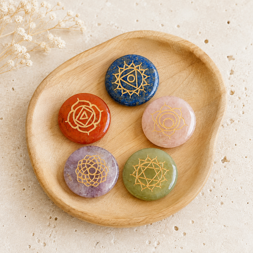 Chakra Crystals Set, Round Reiki 7 Chakra Stones Set, Wooden Grid Plate, Selenite Log