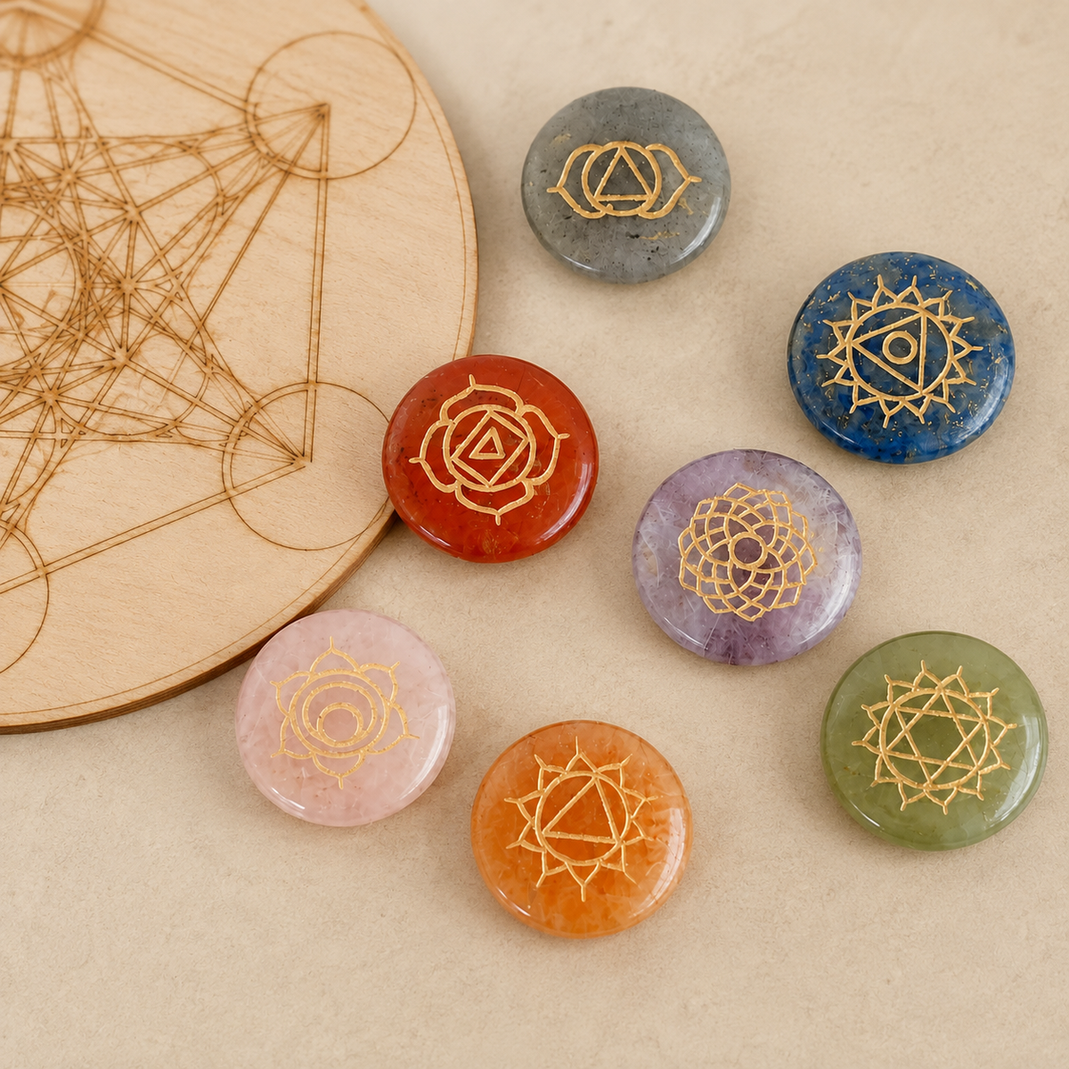 Chakra Crystals Set, Round Reiki 7 Chakra Stones Set, Wooden Grid Plate, Selenite Log