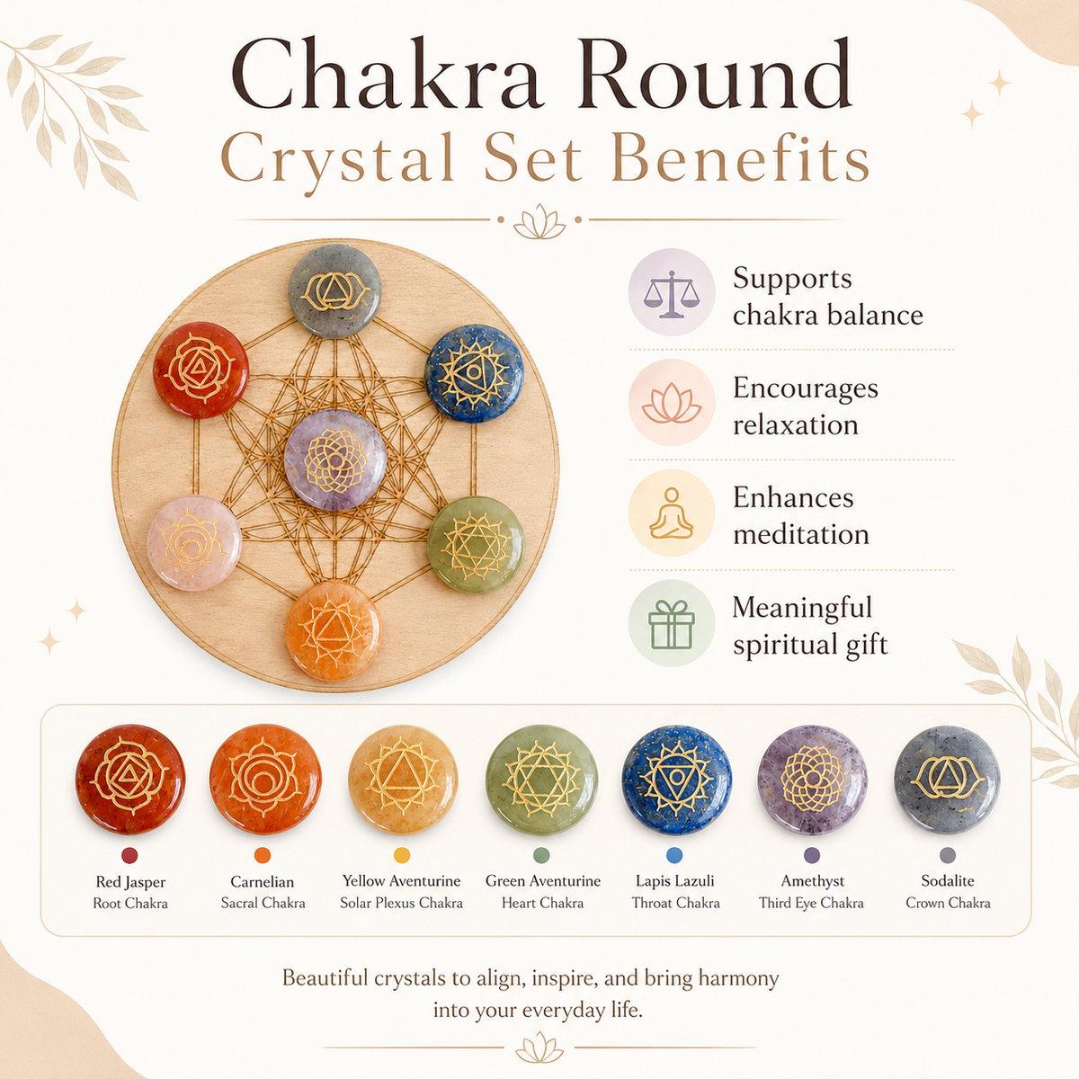 Chakra Crystals Set, Round Reiki 7 Chakra Stones Set, Wooden Grid Plate, Selenite Log