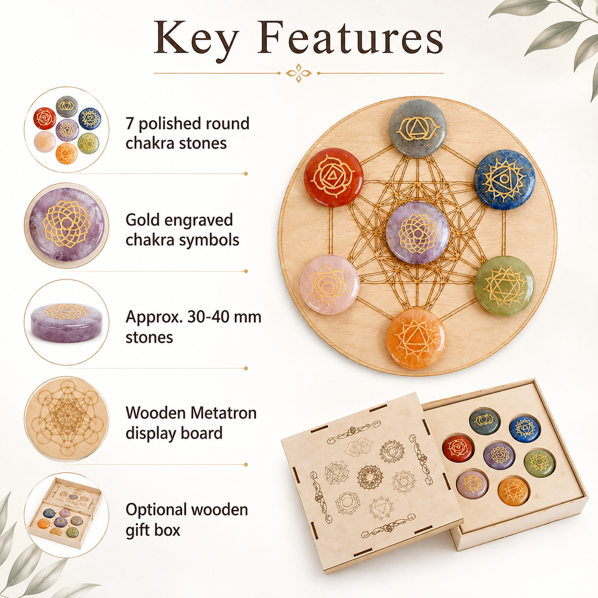 Chakra Crystals Set, Round Reiki 7 Chakra Stones Set, Wooden Grid Plate, Selenite Log
