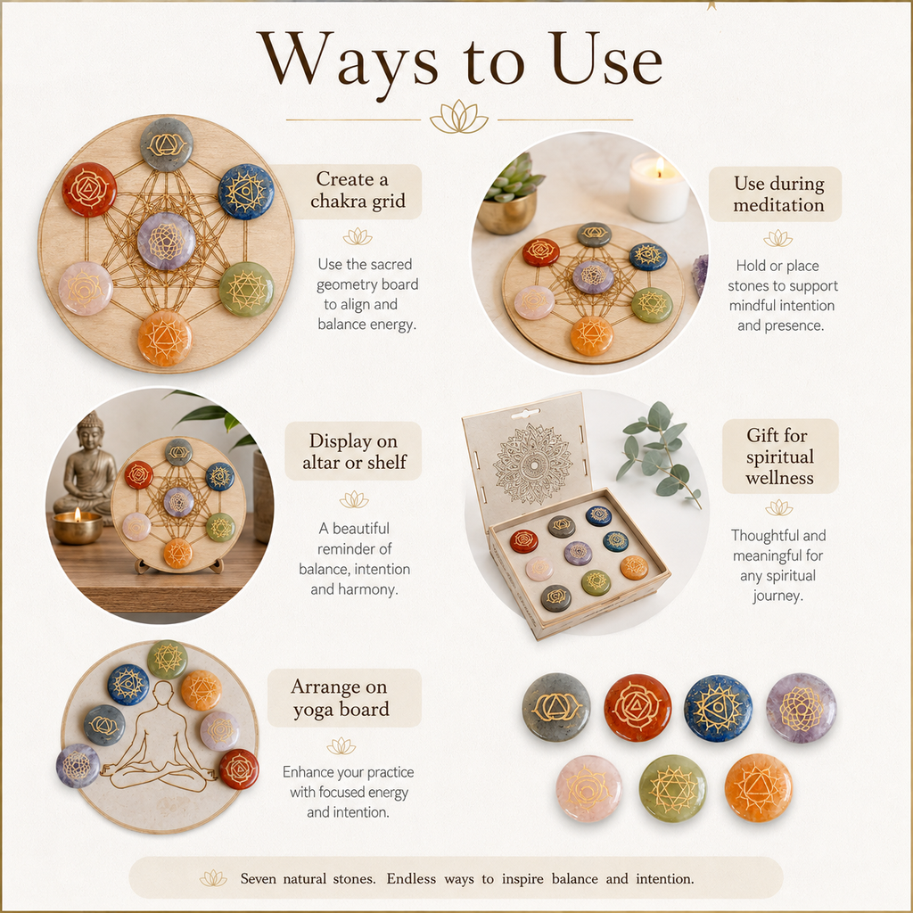 Chakra Crystals Set, Round Reiki 7 Chakra Stones Set, Wooden Grid Plate, Selenite Log
