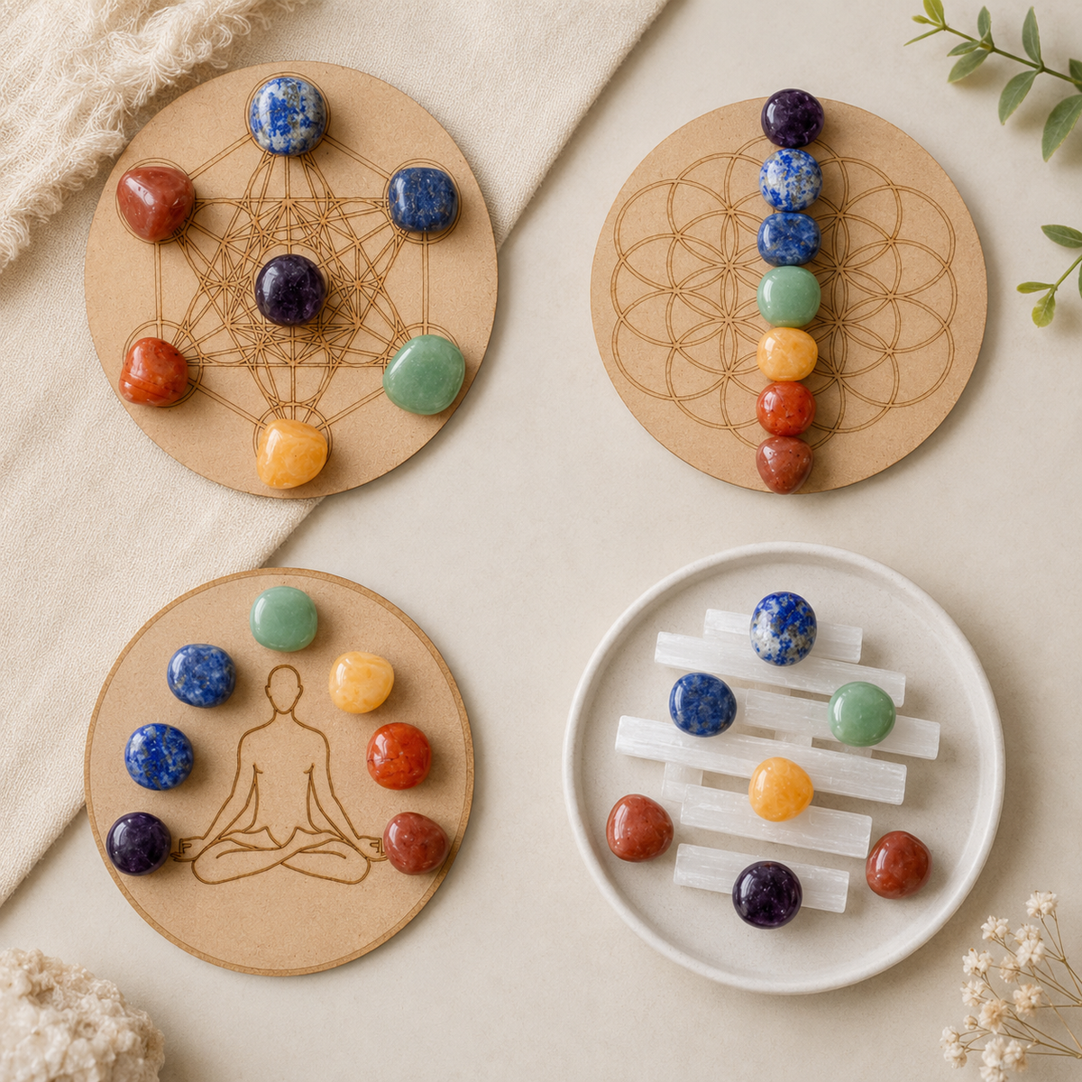 Chakra Tumbled Crystals Set, 7 Chakra Stones Set,  Wooden Grid Plate, Selenite Log